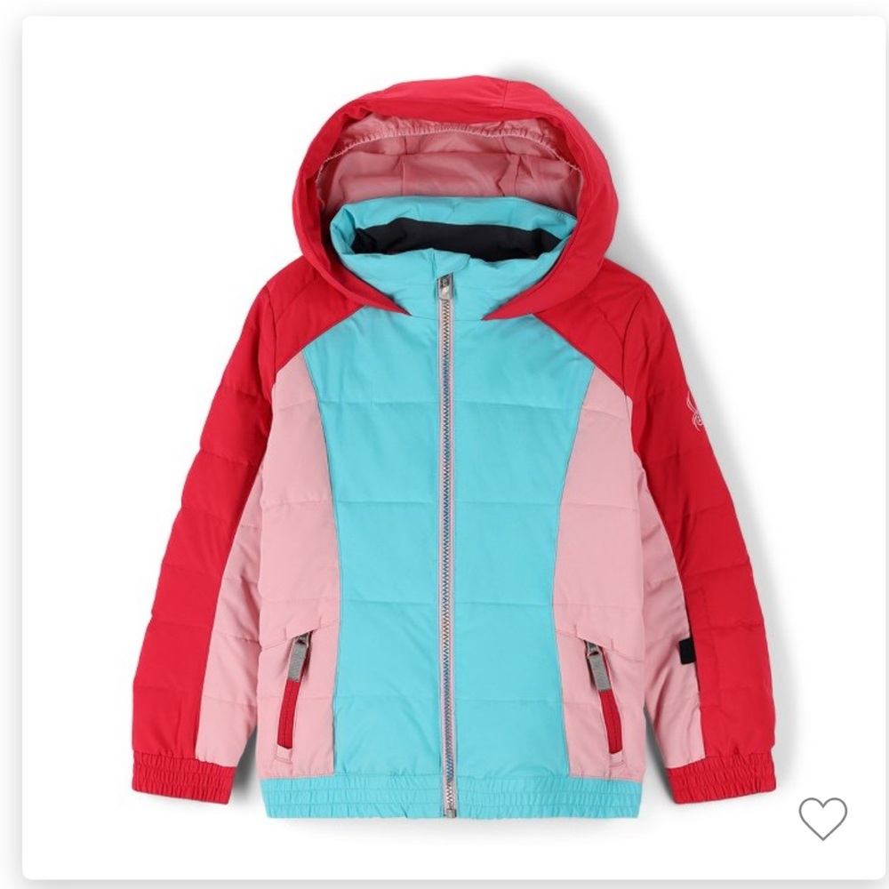 Spyder Kids Colorblock Puffer Jacket in Red, Pink, and Aqua